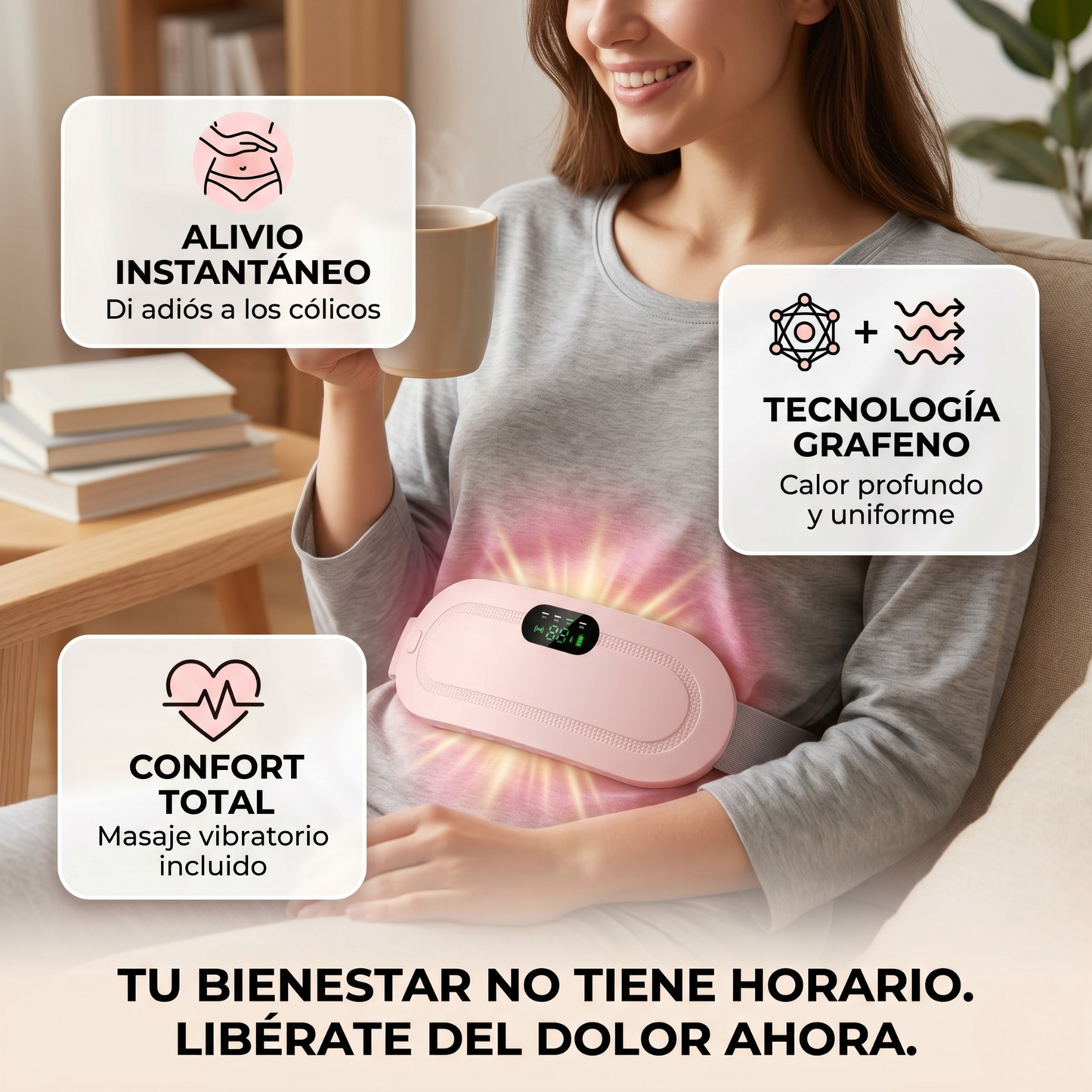 WarmEase Pro — Almohadilla térmica inalámbrica, alivio inmediato del cólico menstrual y dolor lumbar